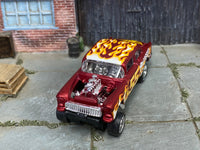 Satin-red flame Chevy Gasser custom Hot Wheels, front view with chrome exposed engine