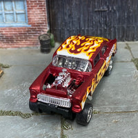 Custom Hot Wheels - 1955 Chevy Gasser - Satin Red with Flames-Five - Chrome AMR Wheels - Goodyear Slicks