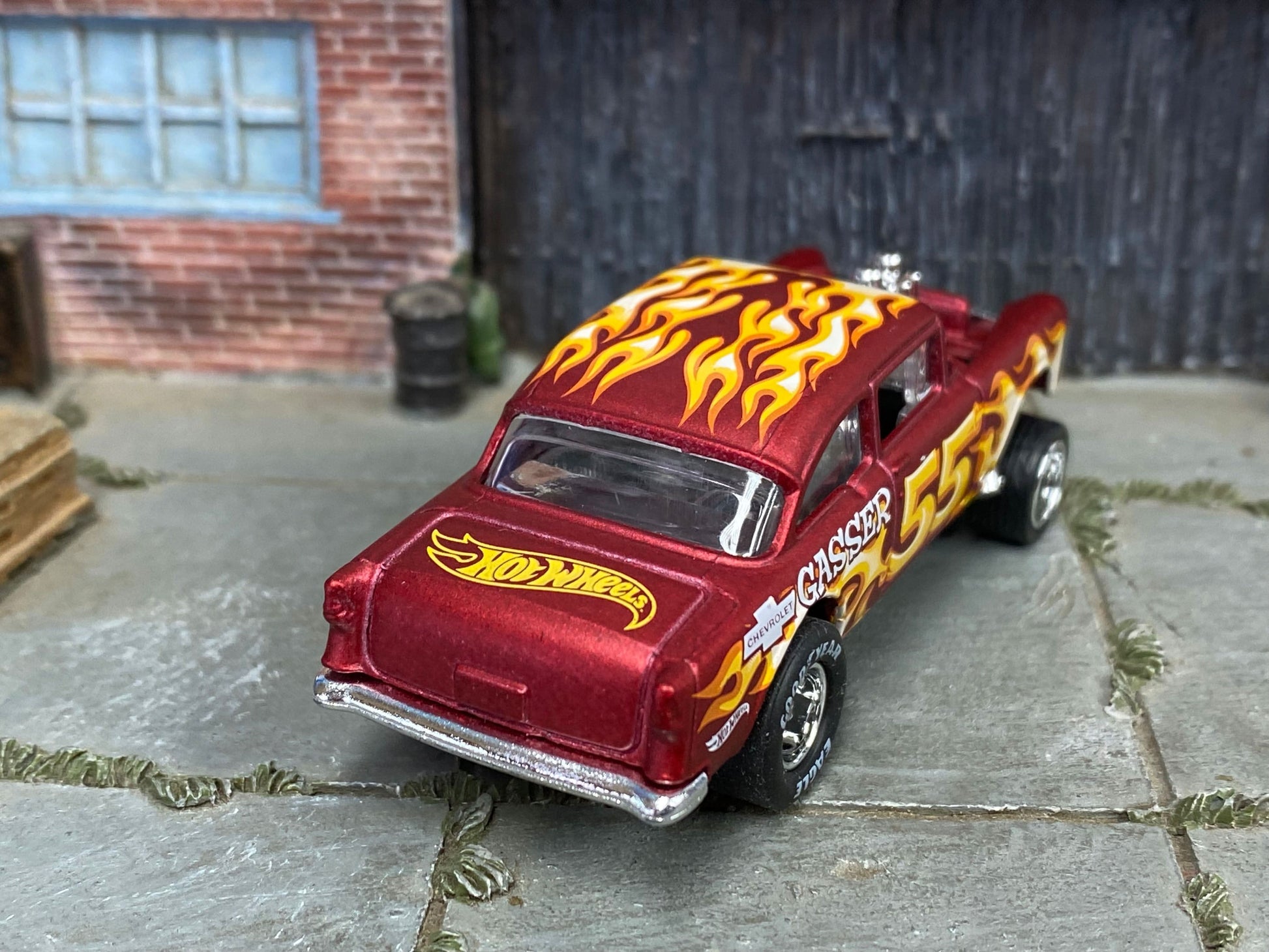 Custom Hot Wheels - 1955 Chevy Gasser - Satin Red with Flames-Five - Chrome AMR Wheels - Goodyear Slicks