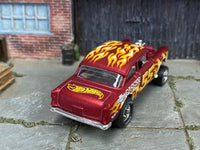Satin-red flame Chevy Gasser custom Hot Wheels, rear view with Hot Wheels logo