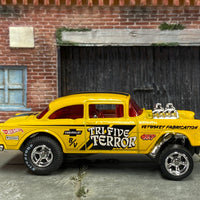 Custom Hot Wheels - 1955 Chevy Gasser - Yellow and Black Tri-Five-Terror - Chrome AMR Wheels - Firestone Slicks