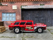 Custom Hot Wheels - 1955 Chevy Nomad - Red Rat Rod Style - Chrome Steel Wheels - Big Rubber Tires