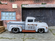 Custom Hot Wheels - 1956 Ford F100 Pick Up Truck - Gray Rat Rod Style - Black and Chrome 5 Spoke Wheels - Goodyear Drag Slicks