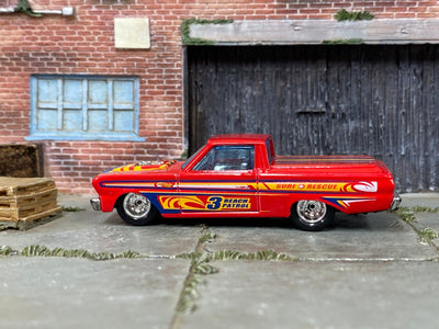 Custom Hot Wheels - 1965 Ford Ranchero Pick Up Truck - Red Surf Rescue - Chrome Steel Wheels - Rubber Tires
