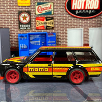 Custom Hot Wheels - 1971 Datsun 510 Wagon - Black, Red and Yellow MOMO - Red 4 Spoke Race Wheels - Rubber Tires
