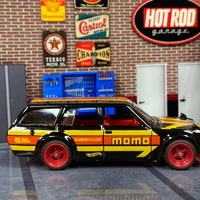 Custom Hot Wheels - 1971 Datsun 510 Wagon - Black, Red and Yellow MOMO - Red 4 Spoke Race Wheels - Rubber Tires
