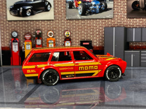 Custom Hot Wheels - 1971 Datsun 510 Wagon - Red, Black and Yellow MOMO - Black Race Wheels - Yokohama Rubber Tires