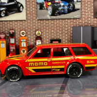 Custom Hot Wheels - 1971 Datsun 510 Wagon - Red, Black and Yellow MOMO - Black Race Wheels - Yokohama Rubber Tires