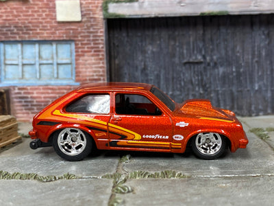 Custom Hot Wheels - 1976 Chevy Chevette Drag Car - Orange and Yellow - Chrome Mag Wheels - Rubber Tires