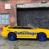 Custom Hot Wheels - 1996 Mustang GT Convertible - Yellow and Blue Butterfinger - Blue Mag Wheels - Rubber Tires