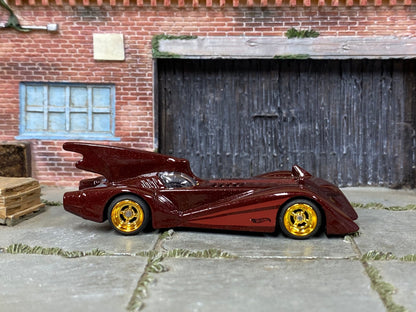 Custom Hot Wheels - Batman Batmobile - Burgundy - Gold 4 Spoke Wheels - Rubber Tires