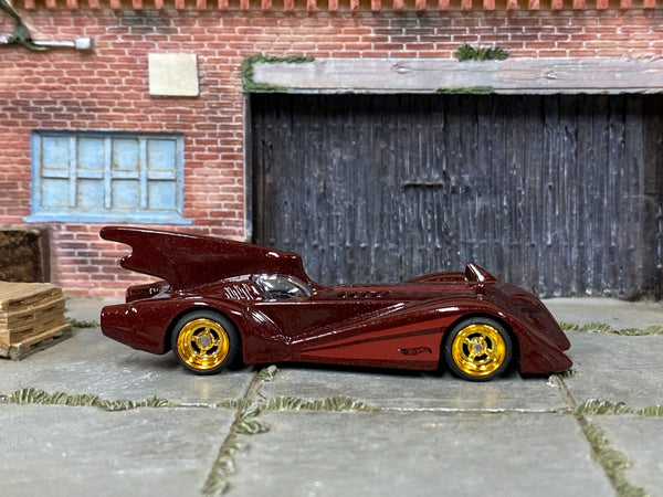 Custom Hot Wheels - Batman Batmobile - Burgundy - Gold 4 Spoke Wheels - Rubber Tires