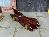 2004 Batmobile burgundy custom Hot Wheels with gold wheels and rubber tires, view 2
