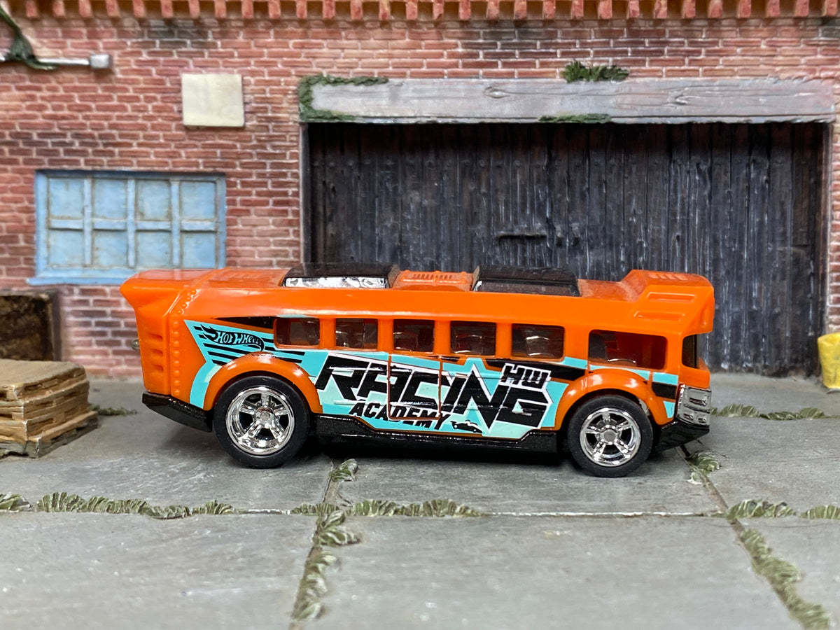 Custom Hot Wheels Hot Wheels High – Orange HW Racing Academy – Chrome Wheels – Rubber Tires – side view