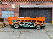 Custom Hot Wheels Hot Wheels High – Orange HW Racing Academy – Chrome Wheels – Rubber Tires – side view