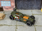 Custom Hot Wheels HW50 Concept – Olive/Orange – Black Wheels – Rubber Tires – three-quarter view