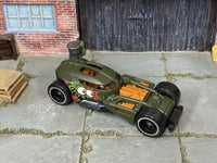 HW50 Concept olive-and-orange custom Hot Wheels with black wheels and rubber tires, view 2