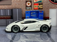 Custom Hot Wheels - LB WORKS Lamborghini Huracan Coupe - White and Black - Gray and Chrome 4 Spoke Wheels - Rubber Tires