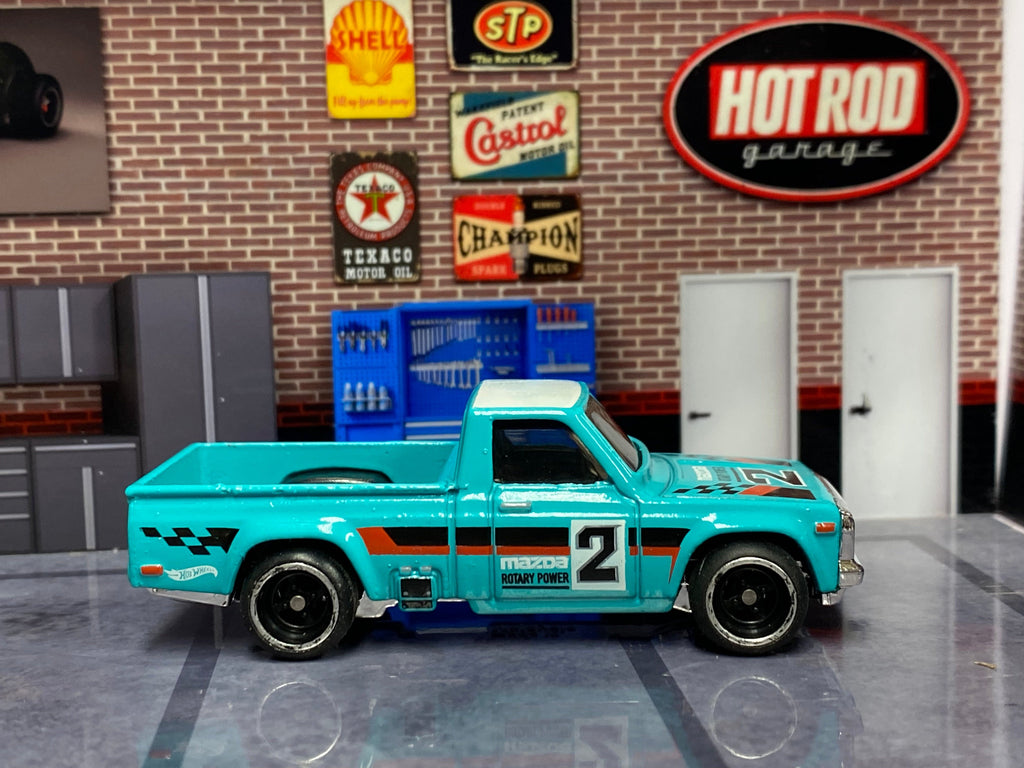 Custom Hot Wheels Mazda REPU Teal Chrome and Black 4 Spoke Wheels Rubber Tires