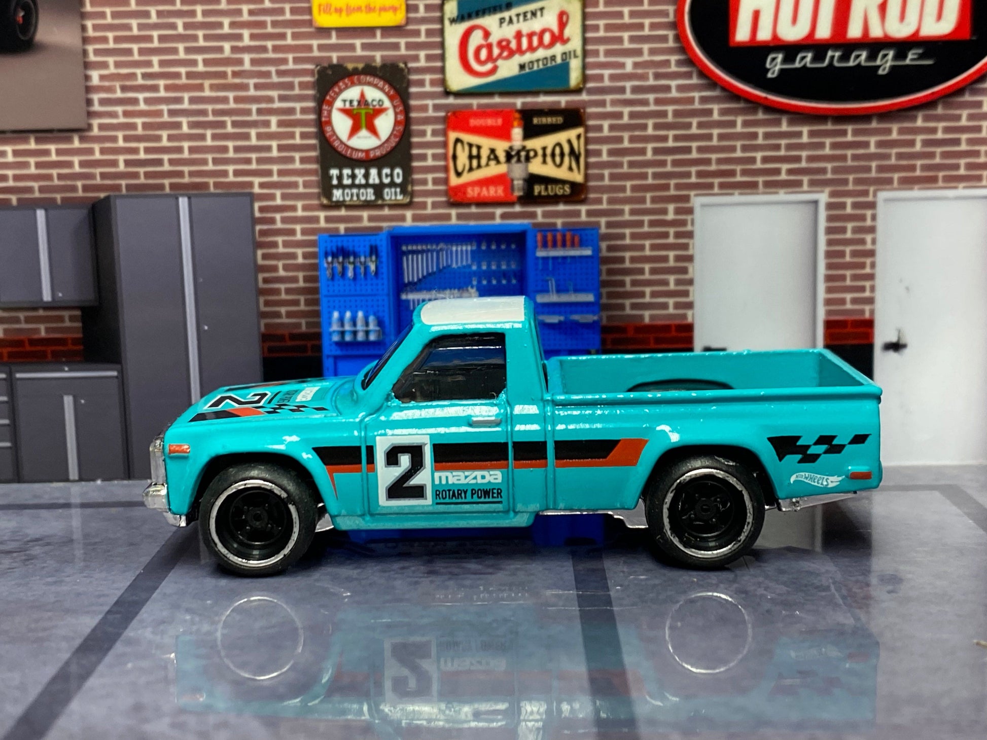 Custom Hot Wheels - Mazda REPU - Teal - Chrome and Black 4 Spoke Wheels - Rubber Tires