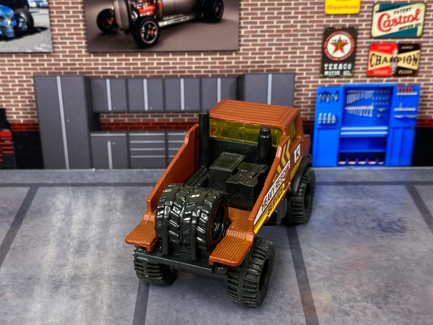 Custom Hot Wheels - Mercedes-Benz Unimog 1300 - Brown and Yellow Heavy Rescue - Black 5 Star Wheels - Off Road Rubber Tires