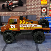 Custom Hot Wheels - Mercedes-Benz Unimog 1300 - Brown and Yellow Heavy Rescue - Black 5 Star Wheels - Off Road Rubber Tires