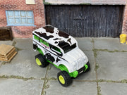 Custom Hot Wheels Monster Dairy Delivery – Cow Print/Lime – Green Wheels – Rubber Tires – three-quarter view