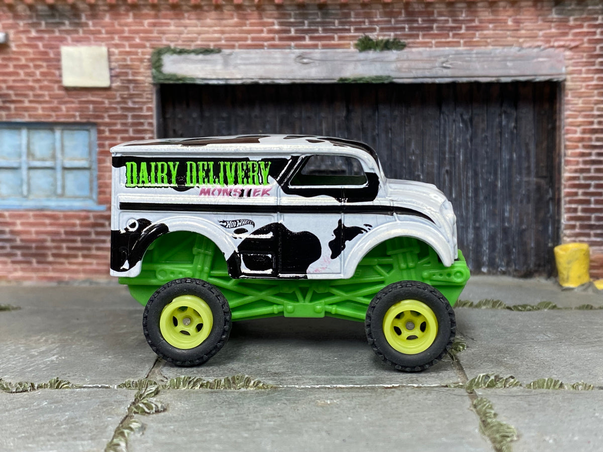 Custom Hot Wheels Monster Dairy Delivery – Cow Print/Lime – Green Wheels – Rubber Tires – side view