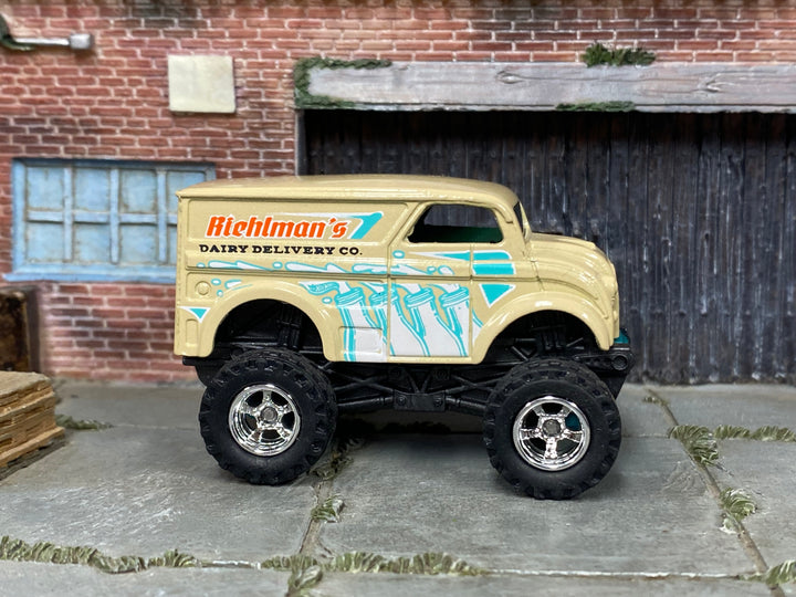 Custom Hot Wheels Monster Dairy Delivery – Richman's Cream/Teal – Chrome Off-Road Wheels – Rubber Tires – side view