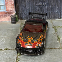Custom Hot Wheels - Nissan 350Z - Dark Gray with Flames - Chrome BBS Wheels - Rubber Tires