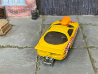 Custom Hot Wheels Pro Stock Pontiac Firebird in yellow KABOOM livery with white mag wheels and Hoosier drag slicks