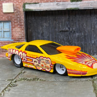 Custom Hot Wheels - Pro Stock Pontiac Firebird - Yellow KABOOM - White Mag Wheels - Hoosier Drag Slicks