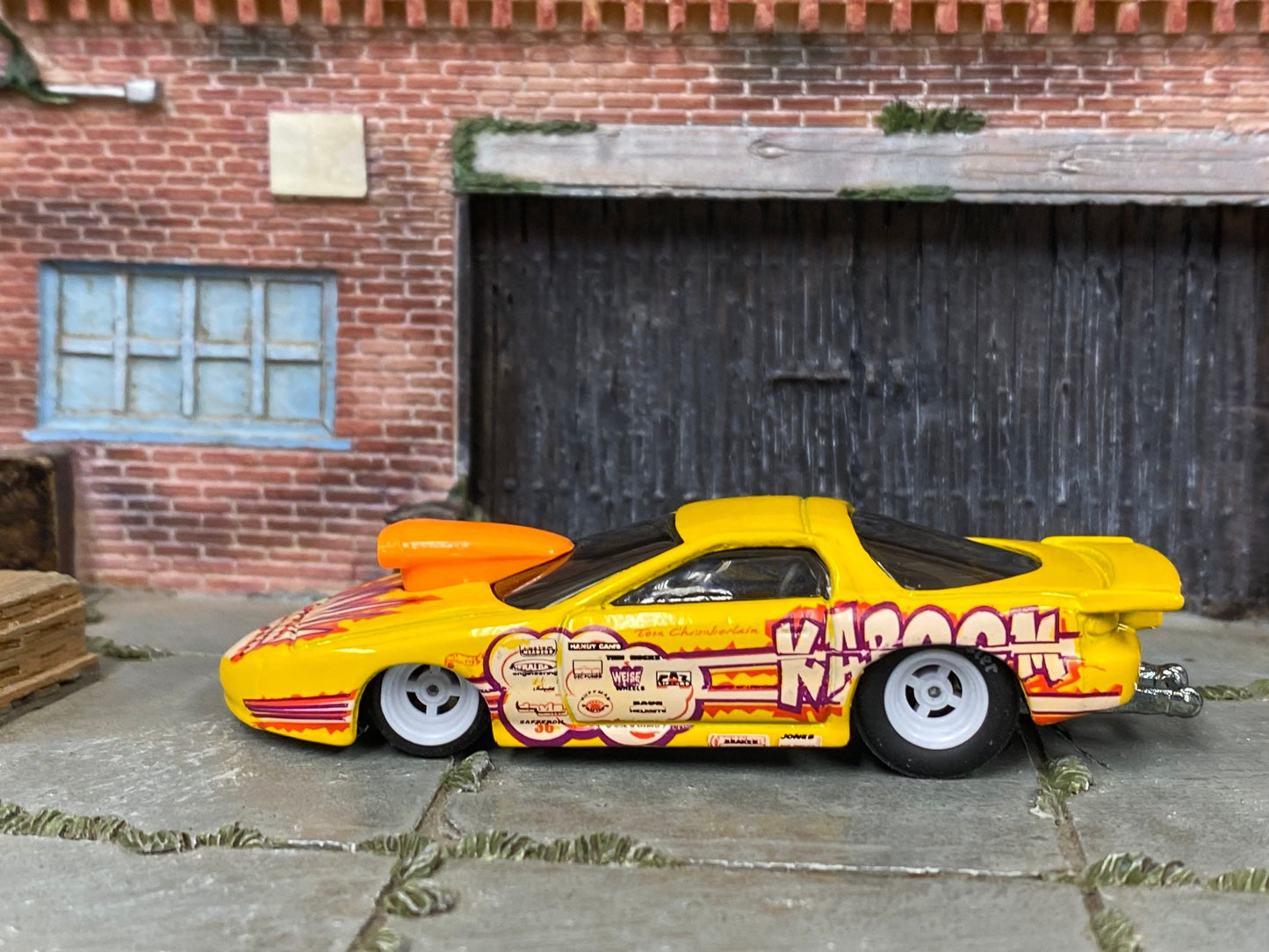Custom Hot Wheels - Pro Stock Pontiac Firebird - Yellow KABOOM - White Mag Wheels - Hoosier Drag Slicks