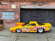 Custom Hot Wheels - Pro Stock Pontiac Firebird - Yellow KABOOM - White Mag Wheels - Hoosier Drag Slicks