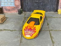 Custom Hot Wheels Pro Stock Pontiac Firebird in yellow KABOOM livery with white mag wheels and Hoosier drag slicks
