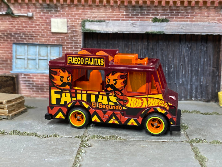 Custom Hot Wheels Quick Bite burgundy Fuego Fajitas food-truck livery with orange details with orange wheels with lime-green rim accents and rubber tires - side view