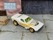 Custom Hot Wheels Rodger Dodger – White Flames – Gold Wheels – Rubber Tires – three-quarter view