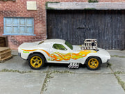 Custom Hot Wheels Rodger Dodger – White Flames – Gold Wheels – Rubber Tires – side view