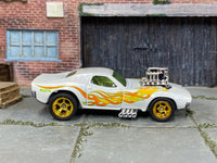 Rodger Dodger white-flame custom Hot Wheels with gold wheels and rubber tires, view 1