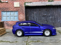 Satin-blue Subaru WRX STI custom Hot Wheels, right side profile with white graphics
