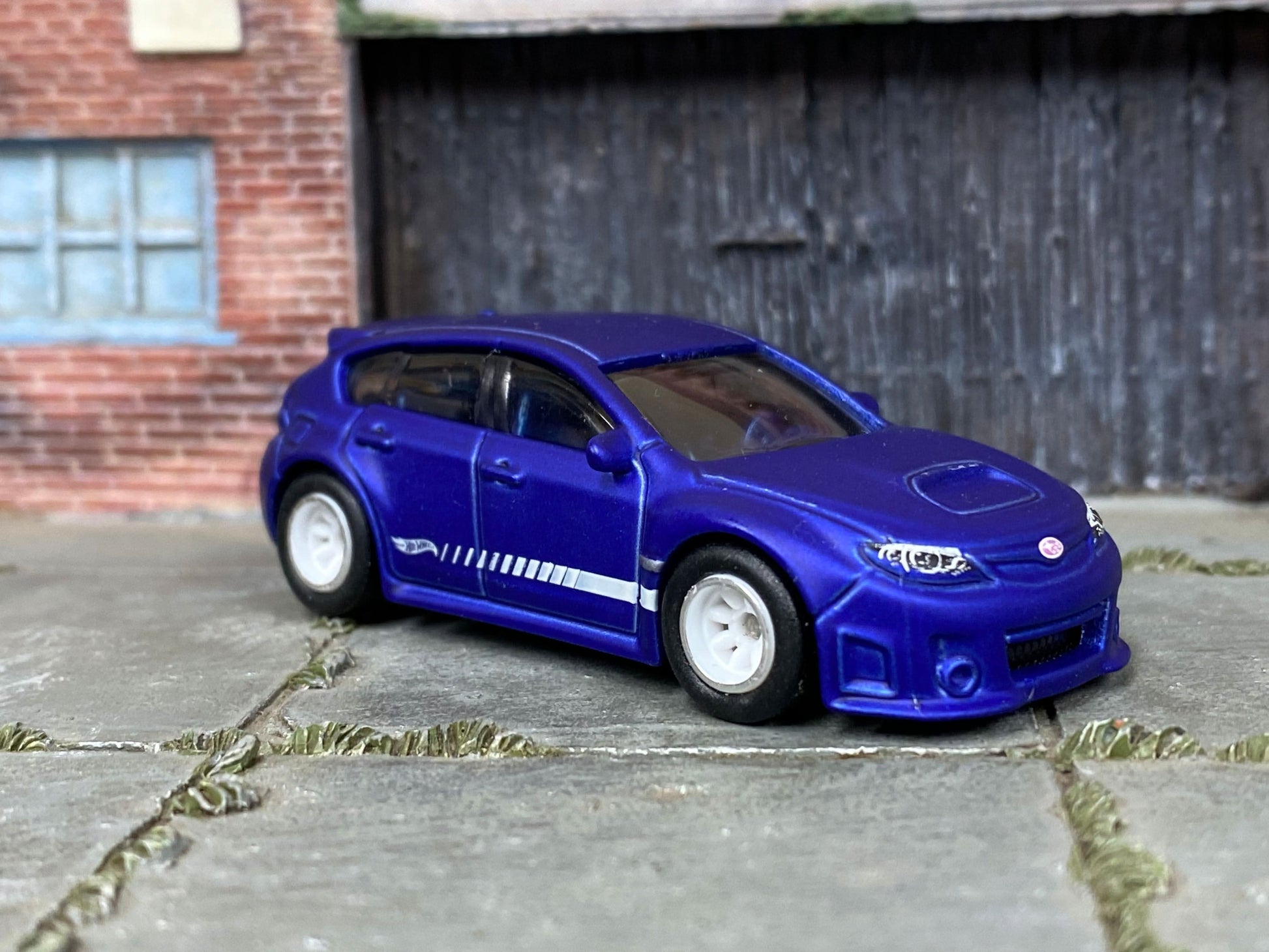 Custom Hot Wheels - Subaru WRX STI - Custom Satin Clearcoat Over Blue - White and Chrome Race Wheels - Rubber Tires