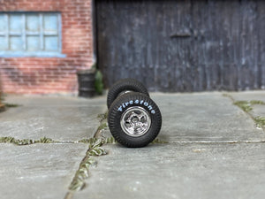 Custom Hot Wheels Wheels and Matchbox Rubber Tires - Chrome 5 Spoke Race Wheels With Firestone Rubber Tire Cheater Drag Slicks 13mm BYOA