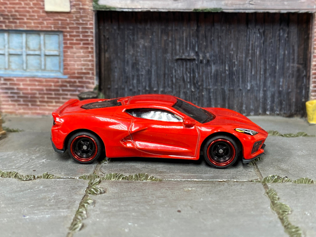 Custom Matchbox 2020 Chevrolet Corvette C8, Red with black red-lip wheels, side view
