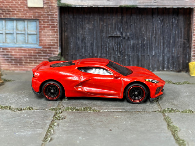 Custom Matchbox 2020 Chevrolet Corvette C8 – Red with black red-lip wheels – Rubber Tires