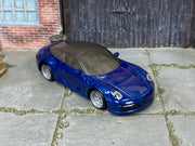 Custom Matchbox Porsche 911 Targa 4, Metallic blue with silver wheels, three-quarter view