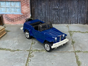 Custom Matchbox 1948 Willys Jeepster, Blue with chrome wheels, three-quarter view