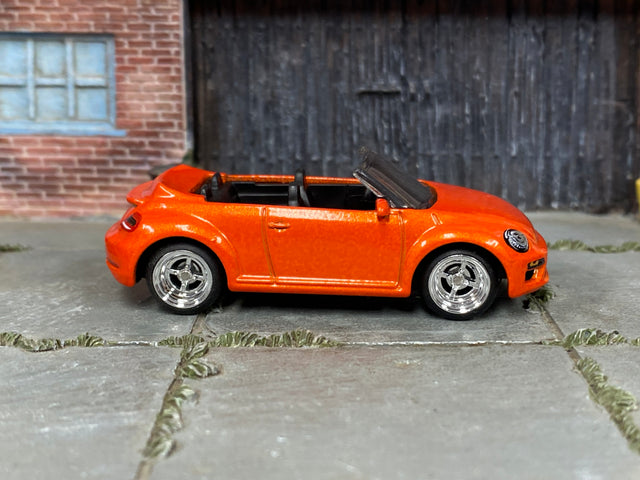 Custom Matchbox 2019 Volkswagen Beetle Convertible – Orange with chrome wheels – Rubber Tires