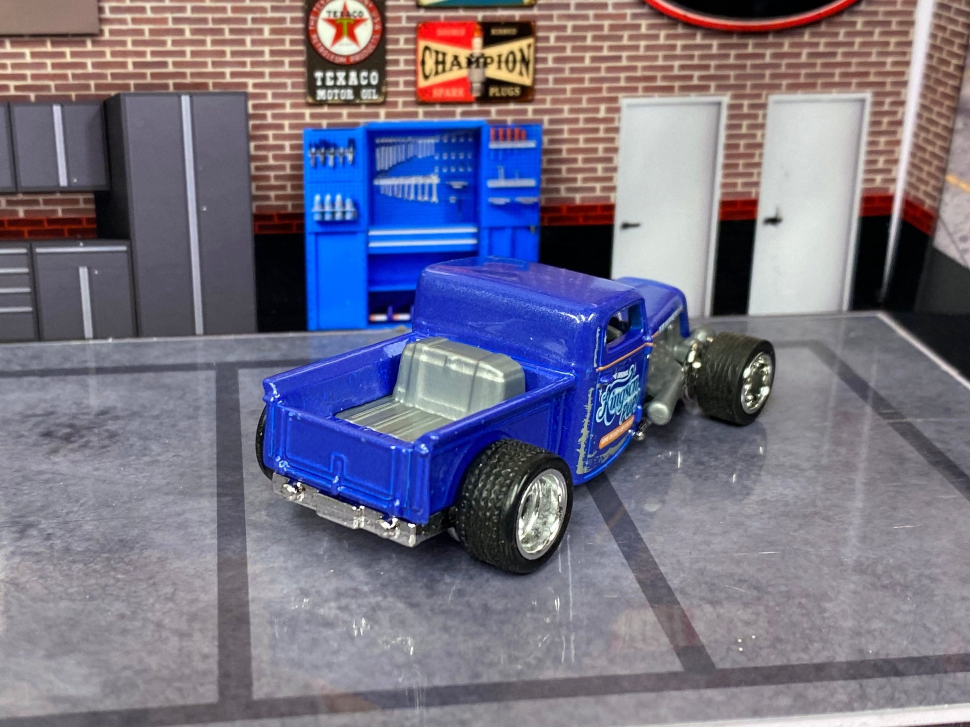 Custom Matchbox - 1935 Ford Pick Up Truck Hot Rod - Blue - Chrome 5 Spoke Wheels - Rubber Tires