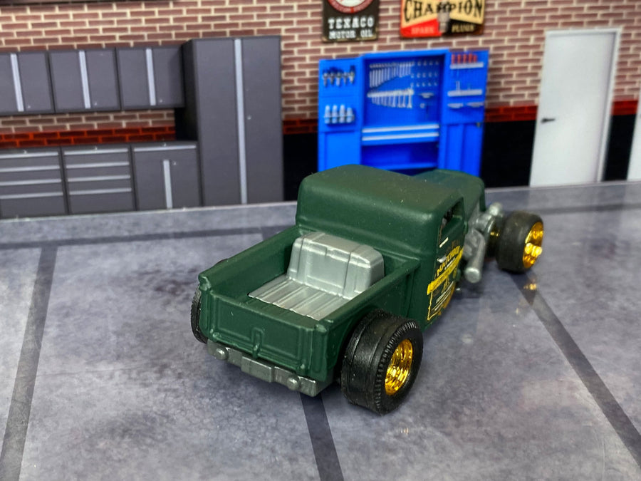 Custom Matchbox - 1935 Ford Pick Up Truck Hot Rod - Satin Green - Gold 4 Spoke Wheels - Slicks