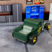 Custom Matchbox - 1935 Ford Pick Up Truck Hot Rod - Satin Green - Gold 4 Spoke Wheels - Slicks
